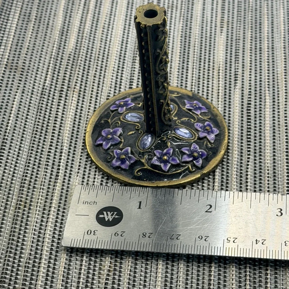 Vintage Floral Ring Holder Bronze Metal Purple Enamel Flower Rhinestone Stand 2